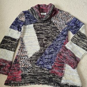 Vintage Valenti Patchwork Knit Cowl Neck Sweater Tunic – Cozy Long Sleeve Large